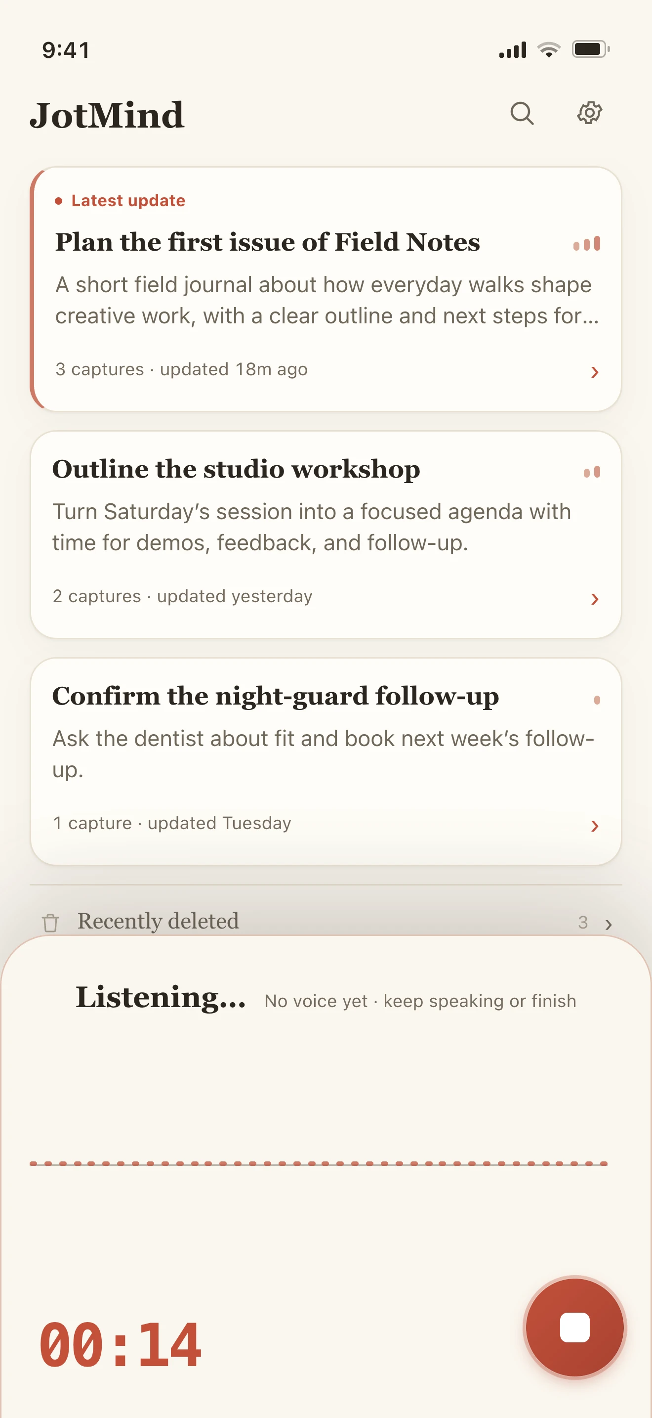 JotMind recording screen: Listening, tap to finish, with a running timer