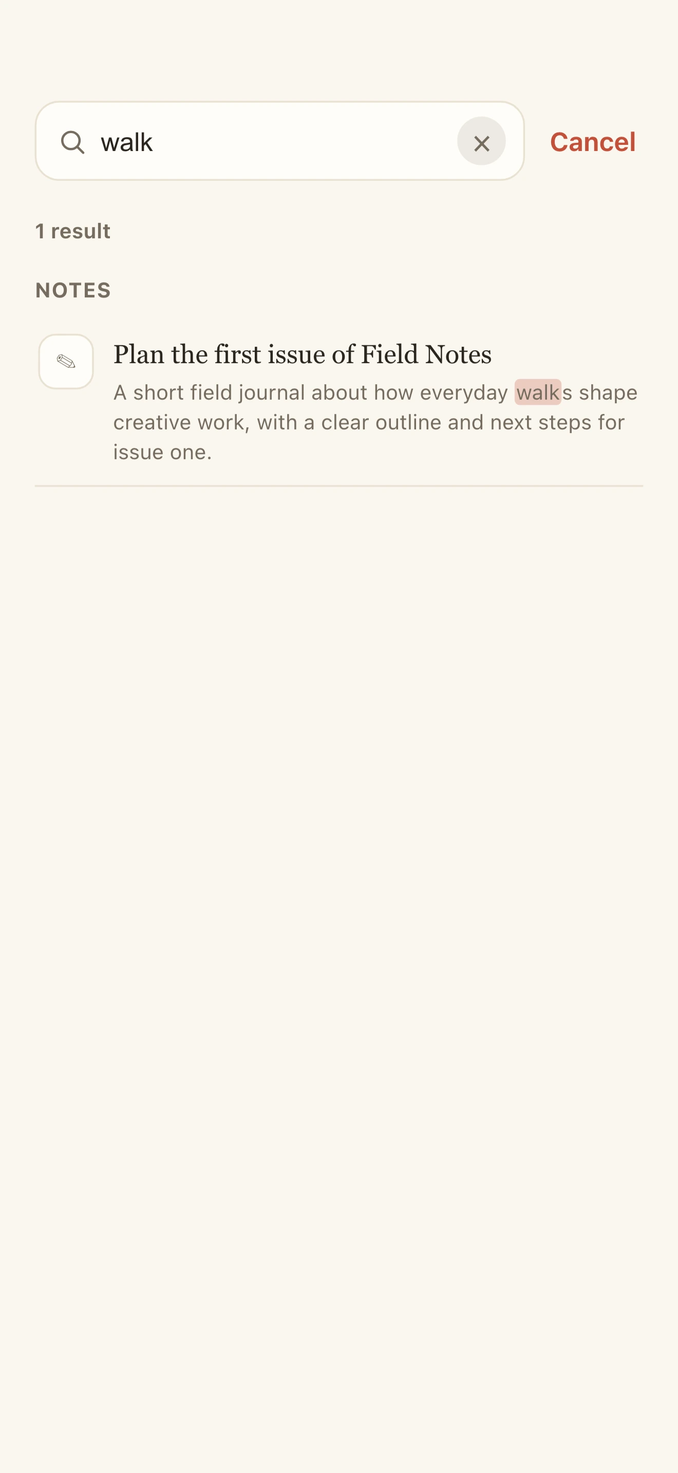 JotMind keyword search showing a matching Note with the search term highlighted