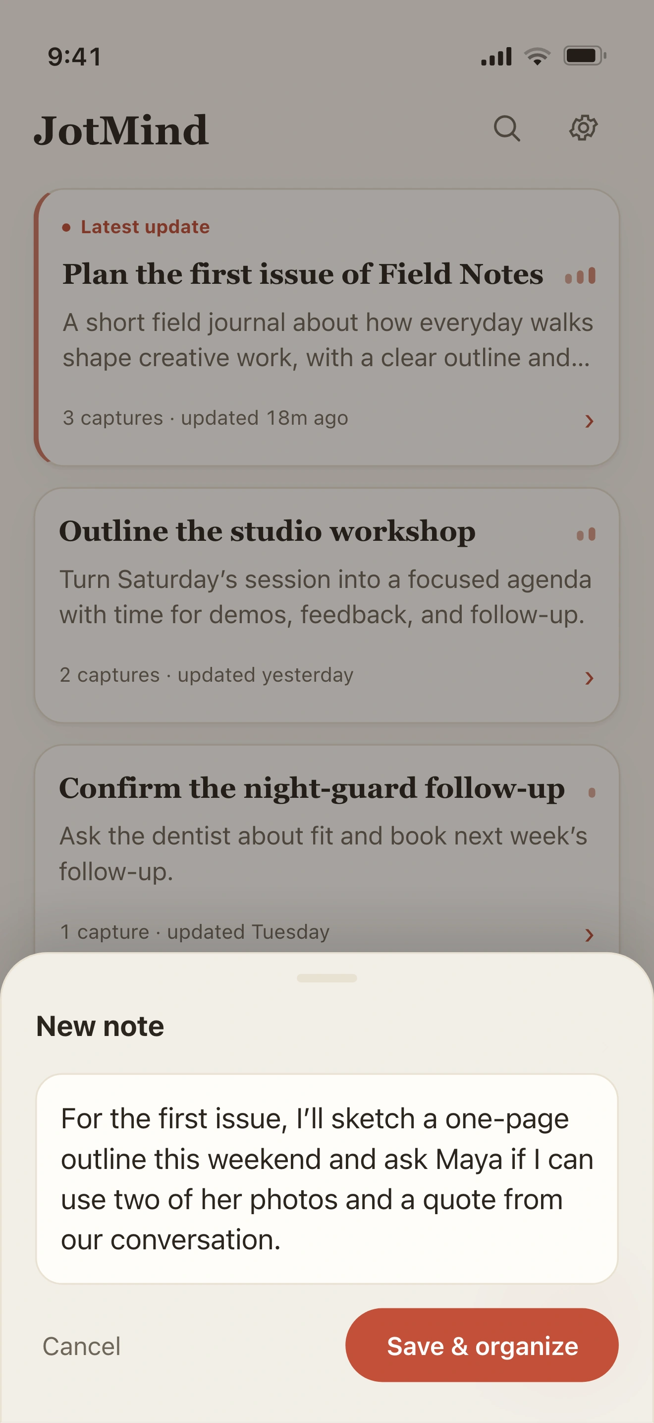 JotMind’s Home composer with typed text and a Save & organize action for creating a new Note